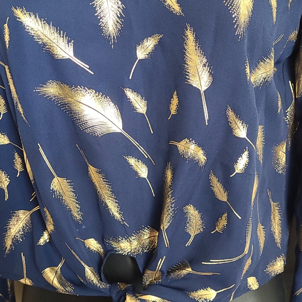 Navy Blue & Gold Tie Front Top - Picture 2 of 3